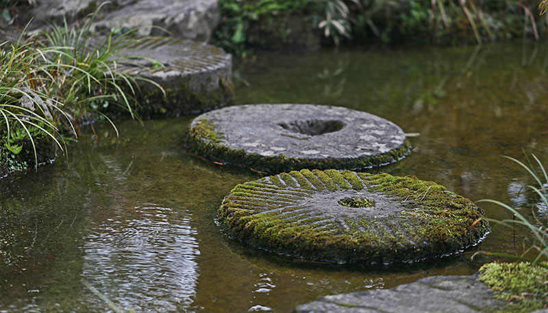 round stepping stones across a creek