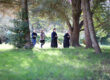 People in walking meditation with trees and grass.