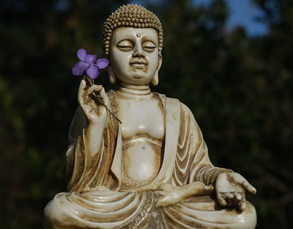 Buddha holding a flower to symbolize enlightenment.