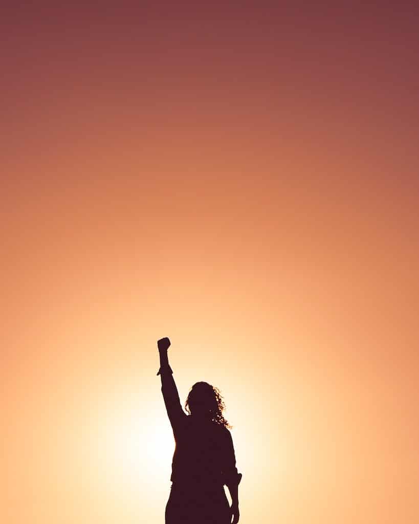 Person raising their fist for racial justice, standing in front of the sun.
