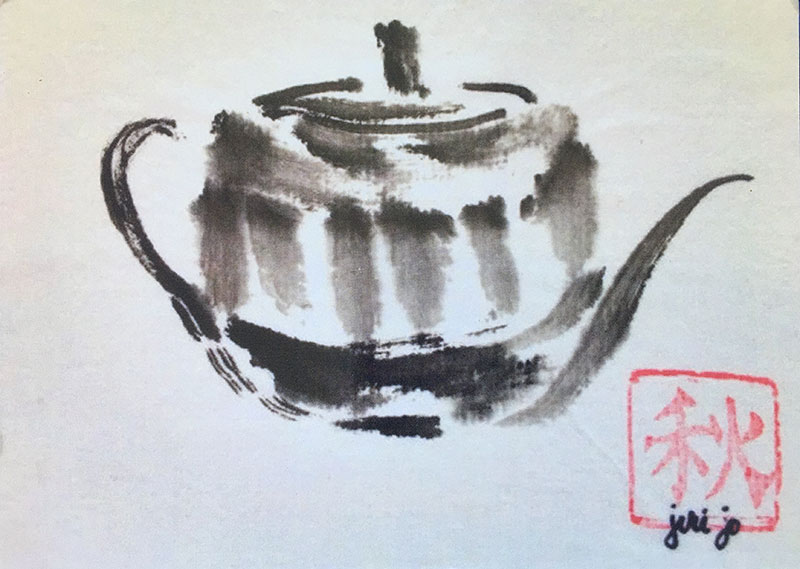 painting of a teapot in black ink in the Sumi-E style.