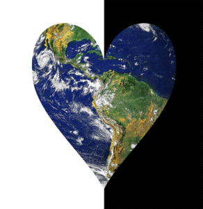 heart shape with the world inside and background that is half white, half black