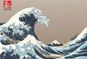 Japanese drawing of a giant wave with a mountain in the background.